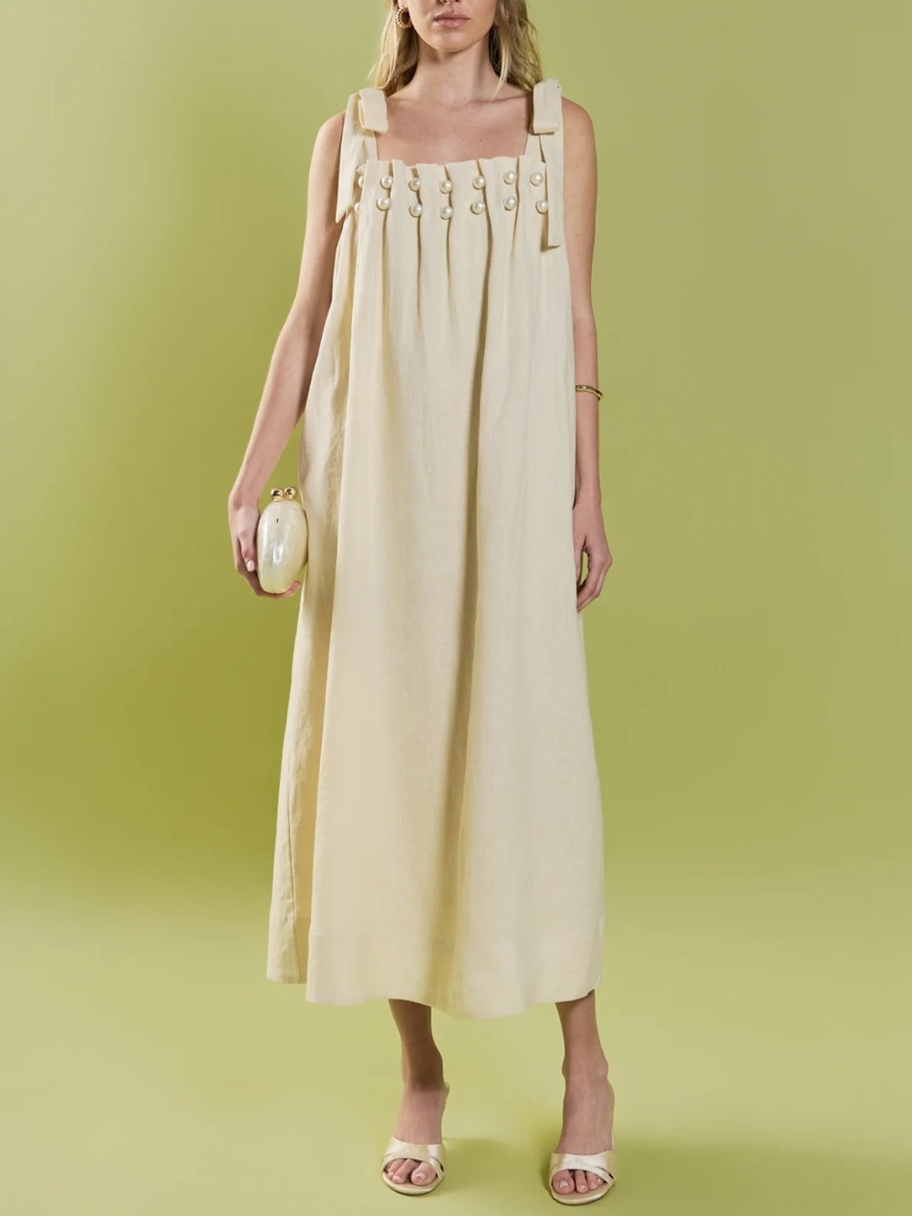 Endless Rose Anthropologie Pearl Tie Strap Linen Midi Dress in Natural Ivory - Picture 2 of 13